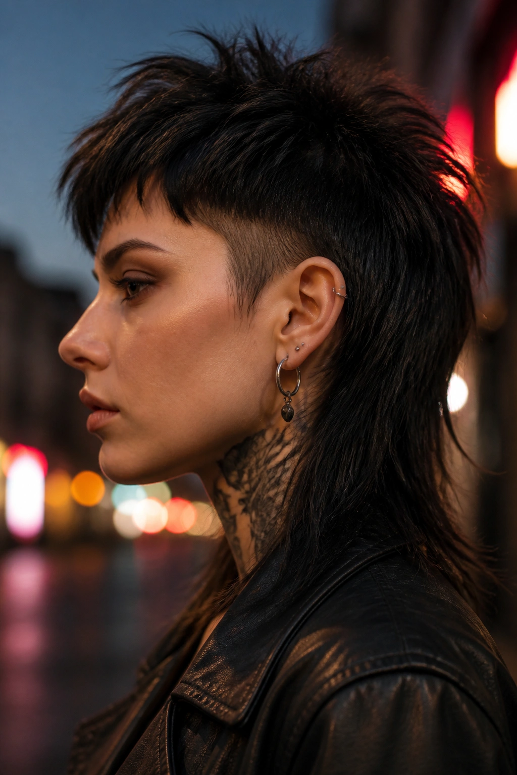 Side-profile portrait of a real woman with razor-cut mullet and soft sides.