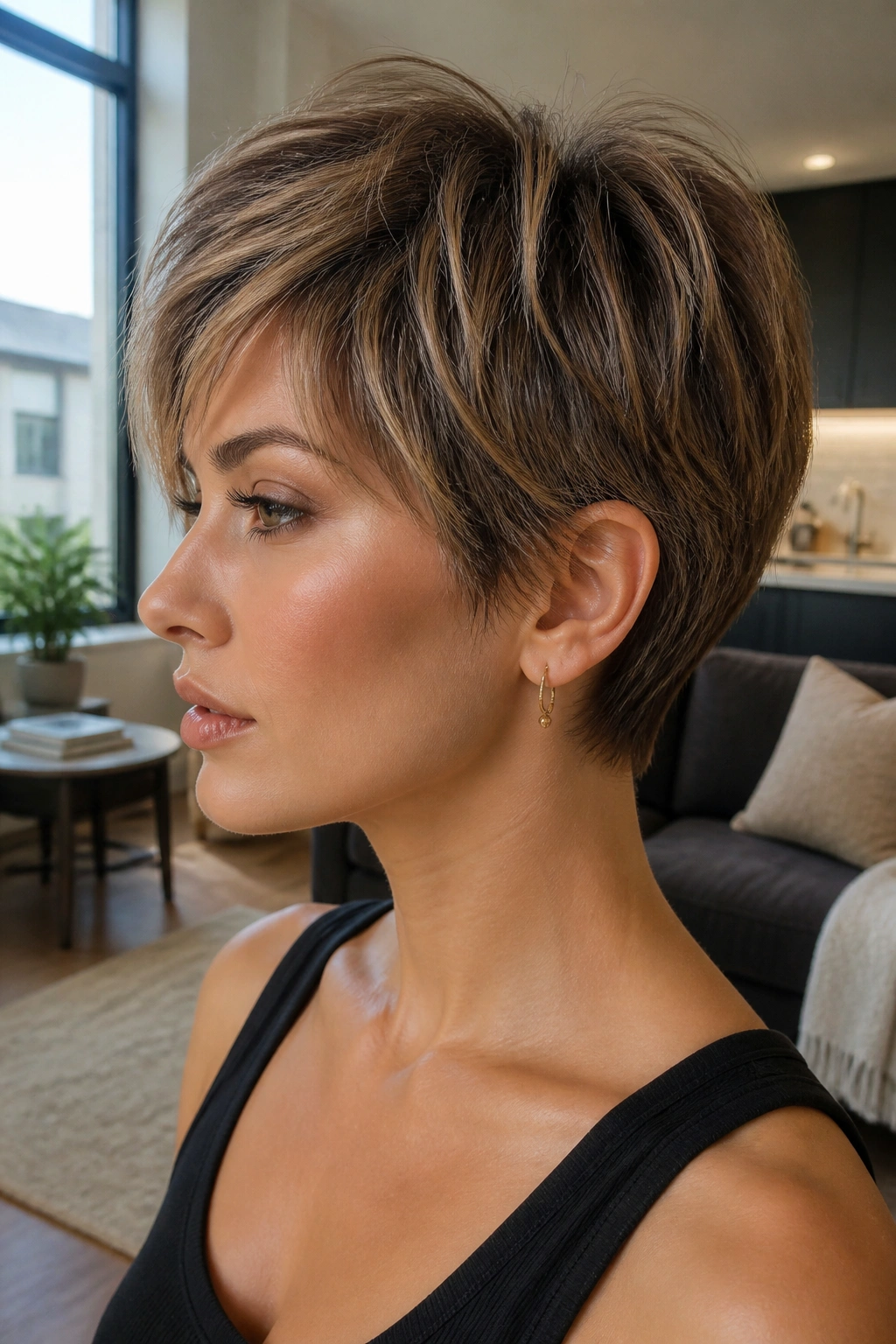 Real woman with razor-cut pixie bob under warm apartment lighting