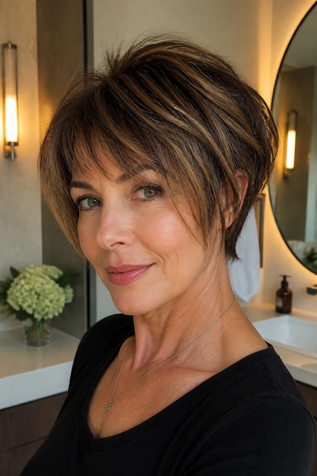 Close-up of a woman with razor-cut pixie bob in a stylish bathroom