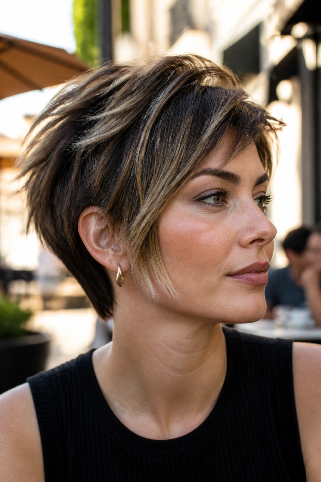 Close-up portrait of a real woman with razor-cut pixie bob and sharp edges in natural cafe light