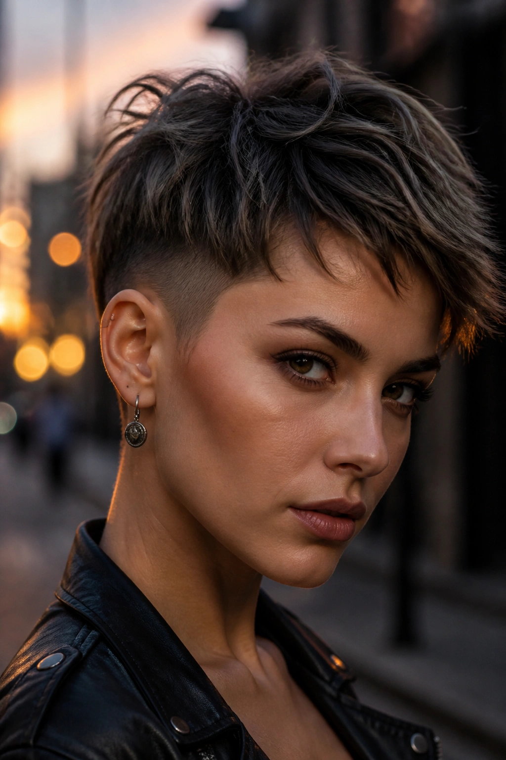 Portrait of a real woman with razor-cut pixie and choppy texture on top, urban dusk backdrop