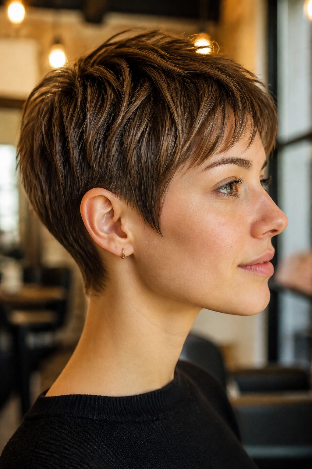 Close-up of real person with razor-cut pixie featuring piecey ends
