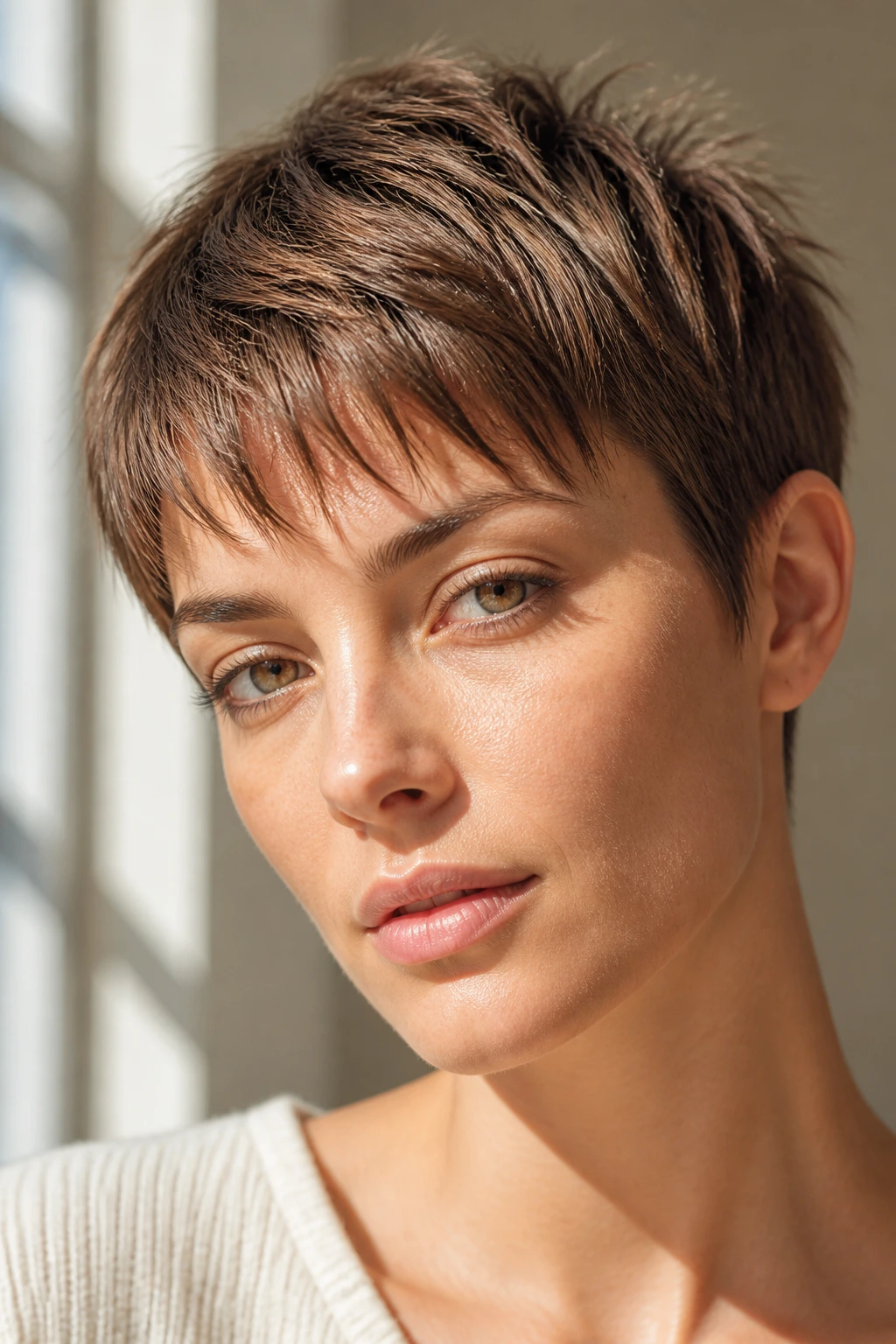 Close-up of real person with razor-cut pixie hairstyle showing feathered edges