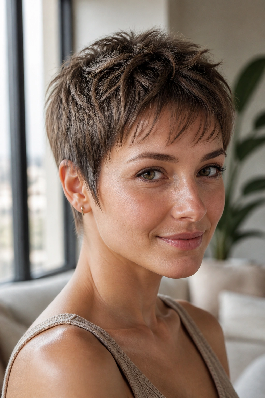 Close-up portrait of a real woman with a razor-cut pixie and soft movement.