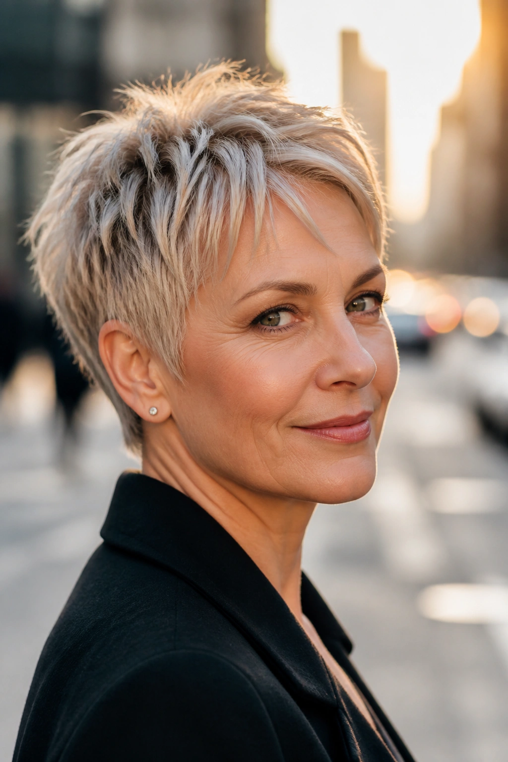 Real woman with razor-cut pixie showing textured, broken-edge ends.