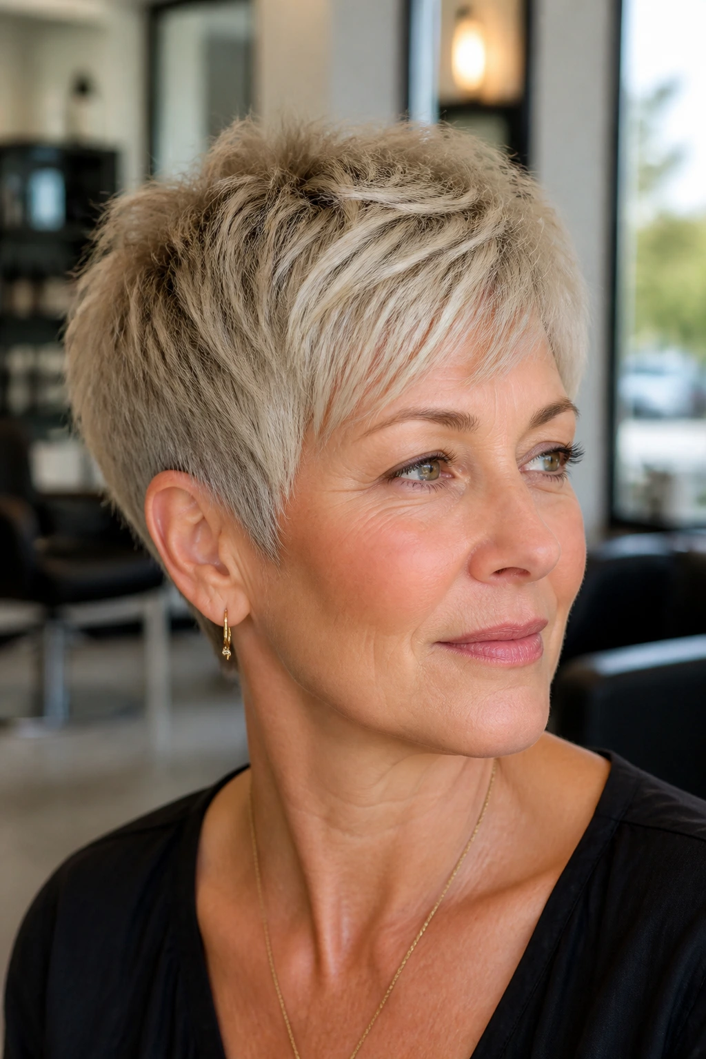 Close-up portrait of a real woman with a soft razor-cut pixie and feathered ends