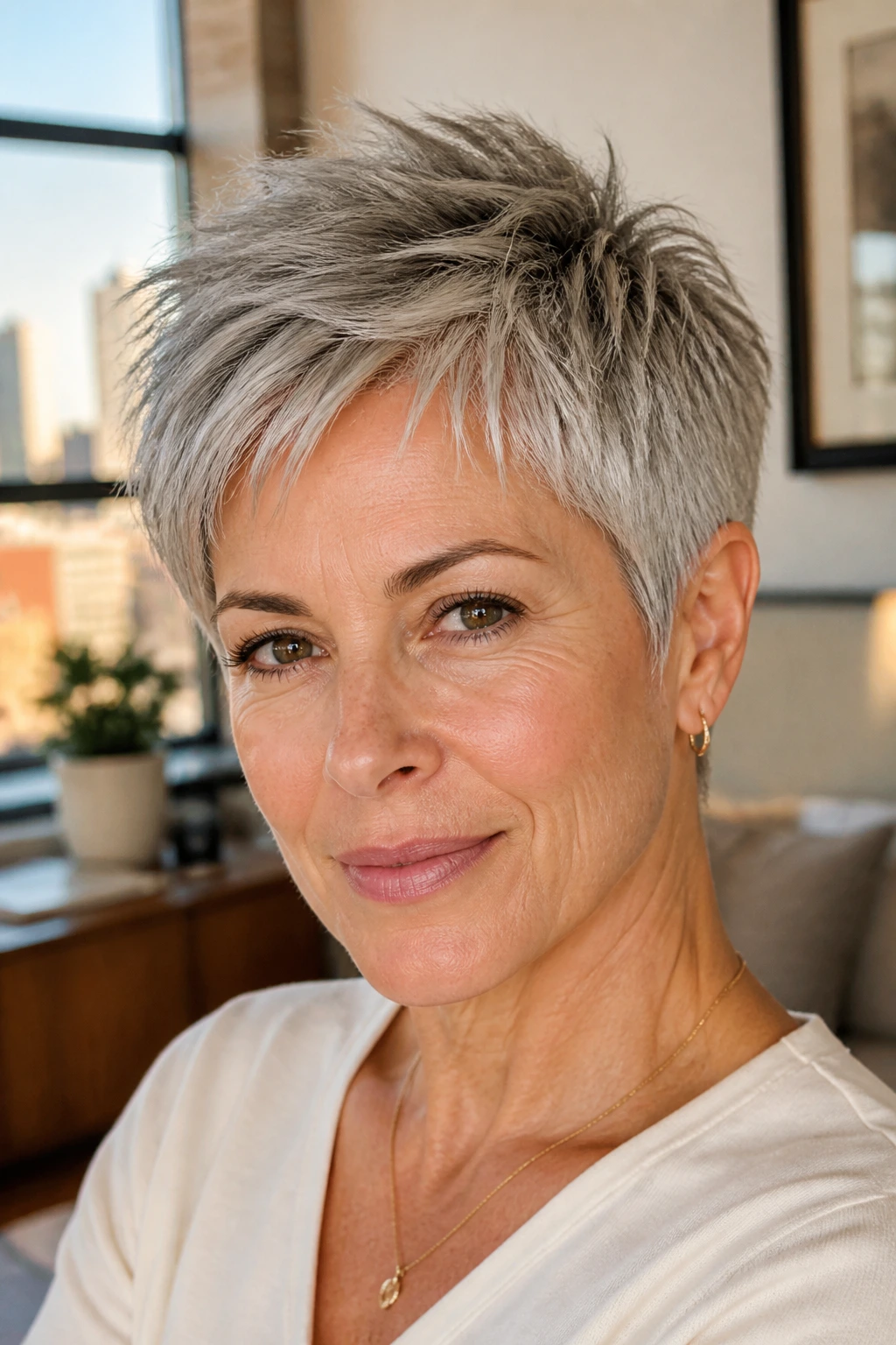 Close-up of a real woman with a razor-cut pixie hairstyle.