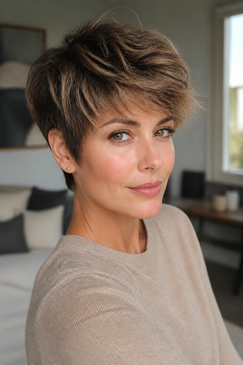 Close-up portrait of a real woman with razor-cut long pixie showing airy textured ends.