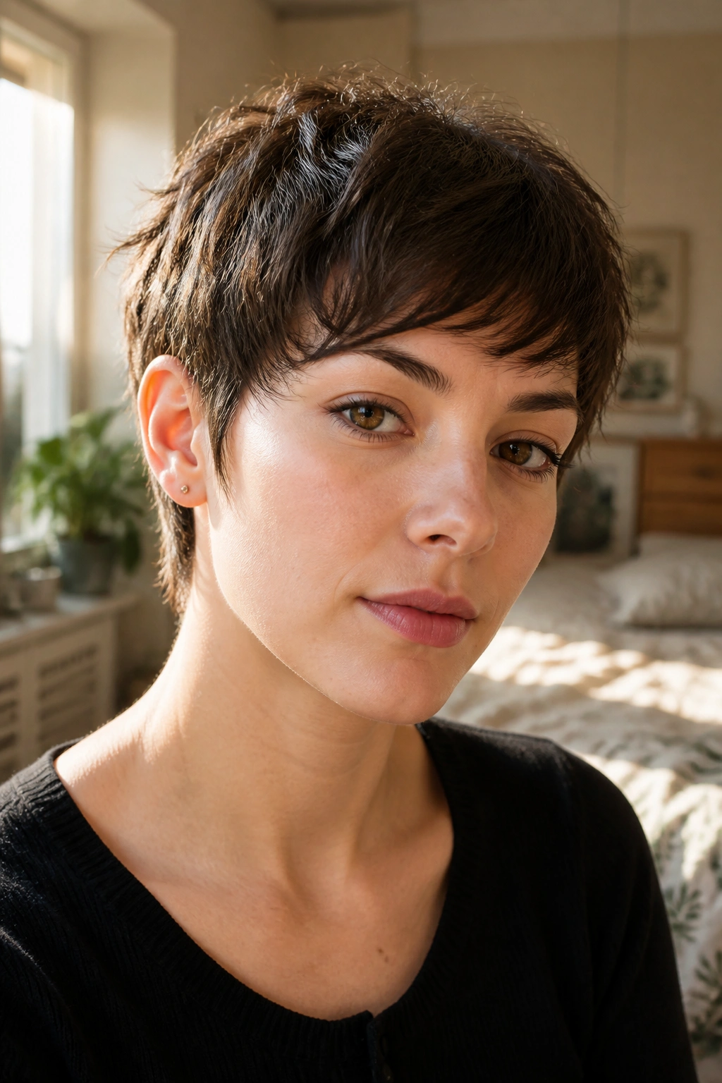 Close-up of a real person with a softly textured razor-cut pixie hairstyle in a sunlit bedroom.