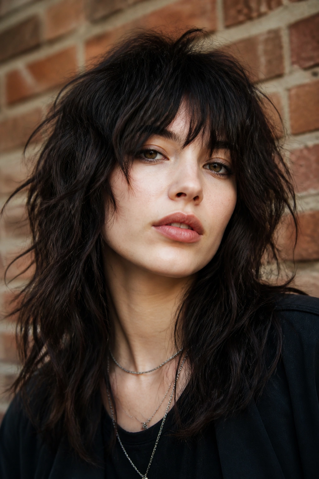 Portrait of a real woman with razor-cut rock shag and piecey fringe on wavy hair