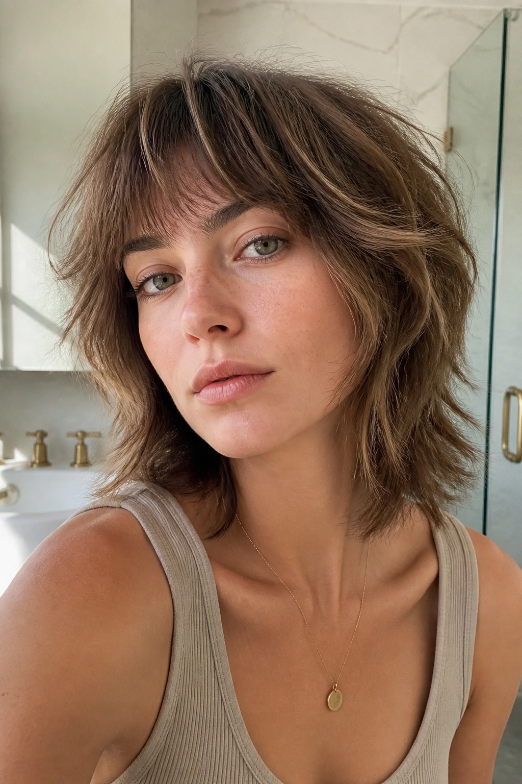 Close-up of a woman with razor-cut shag on fine hair
