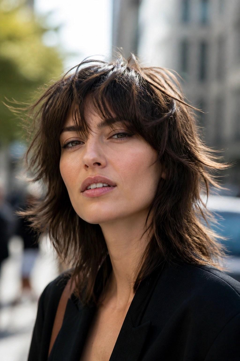 Close-up portrait of a real woman with razor-cut shag showing torn-edge texture in natural light outdoors