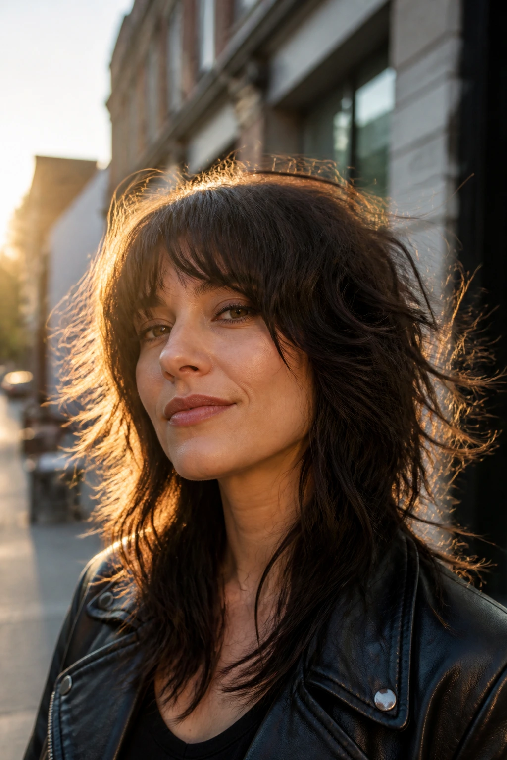 Close-up portrait of a real woman with a razor-cut rock shag on thick hair, showcasing shredded ends and movement.