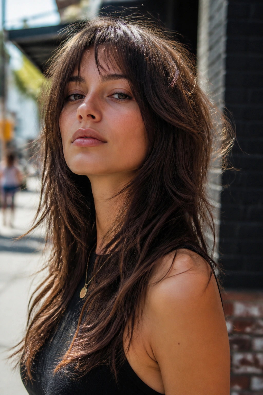Portrait of a real woman with razor-cut airy shag in an urban sunlit setting.