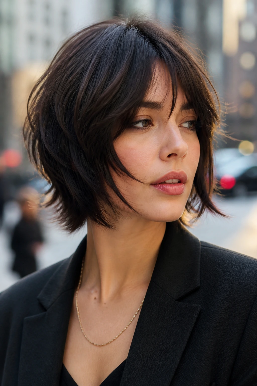 Portrait of a real woman with a razor-cut shag bob and soft edges