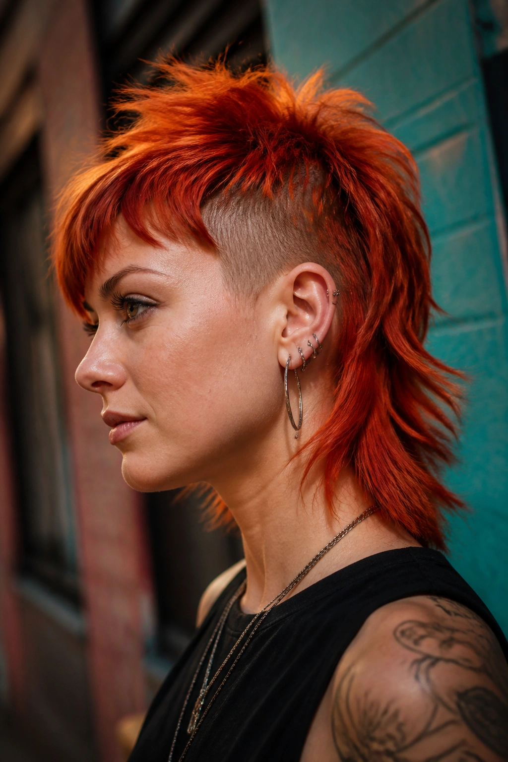 Real person with razor-cut shag and shaved sides in copper color
