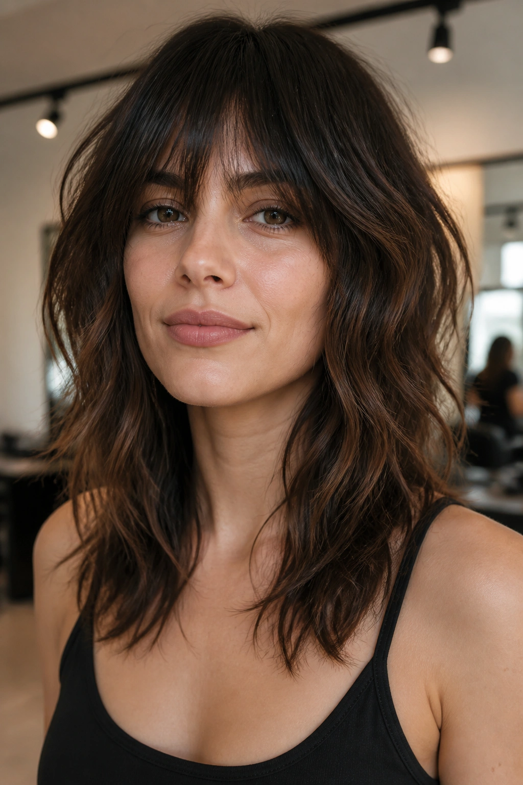 Close-up of a woman with razor-cut shag and tapered ends