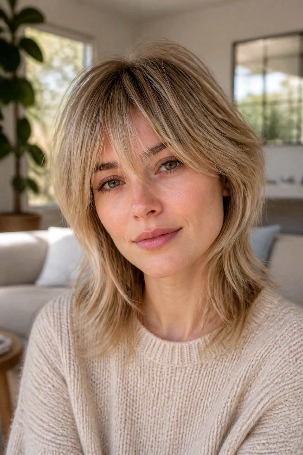 Close-up of a real woman with razor-cut shag on fine straight hair in a bright room