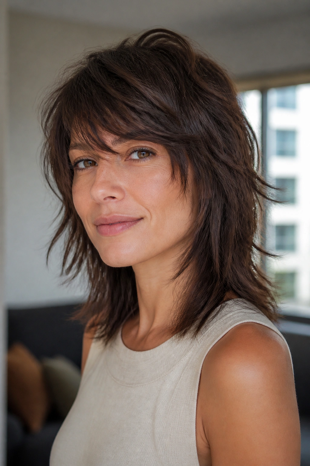 Portrait of a woman with razor-cut shag and side-swept fringe