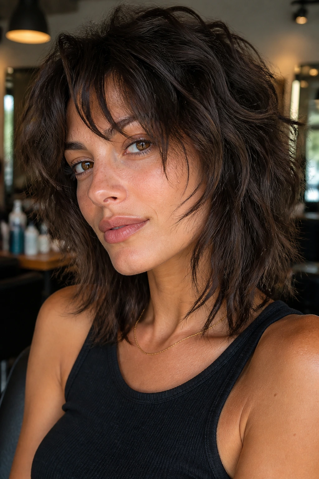 Close-up of a real woman with a razor-cut shag and piecey ends on dense wavy hair