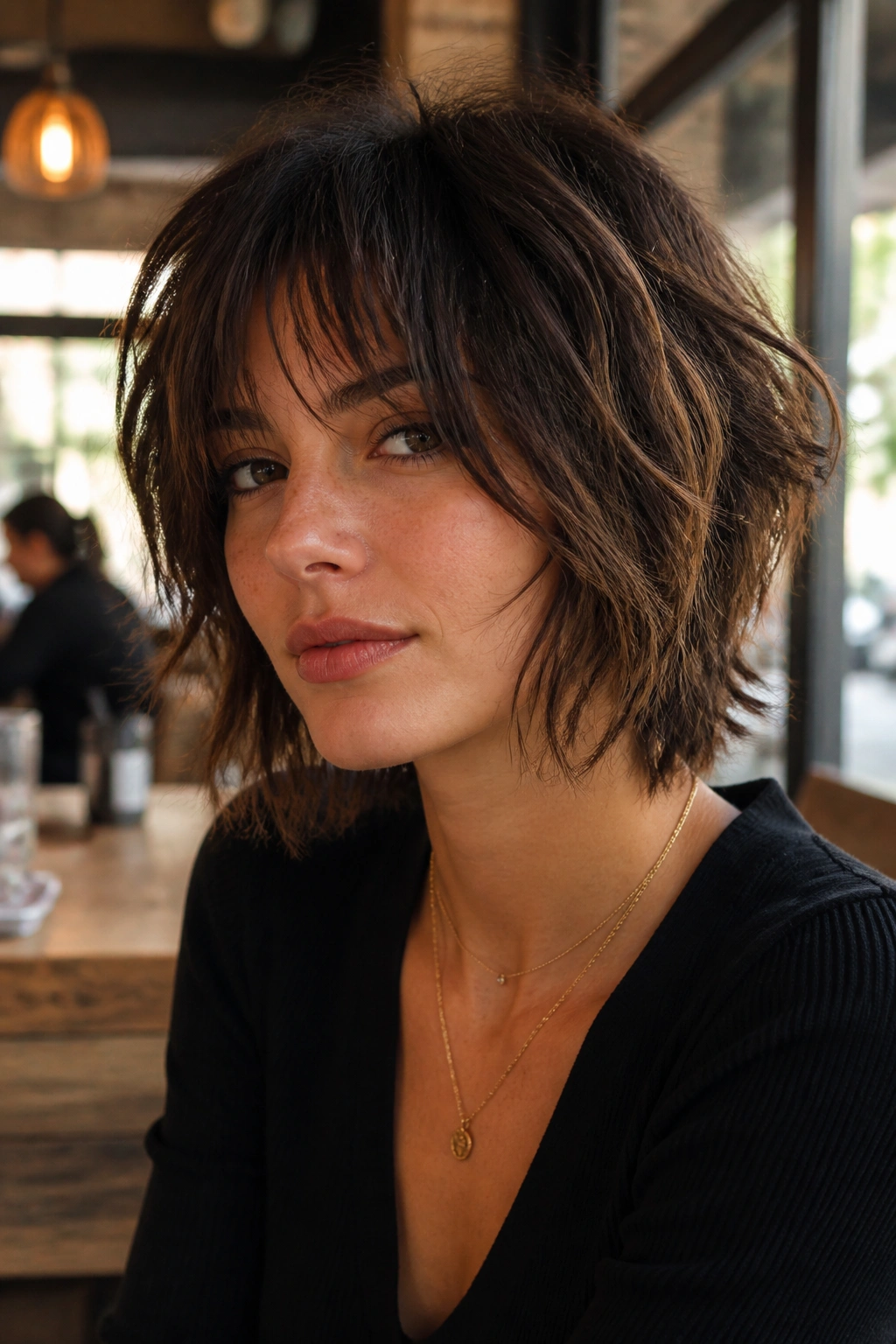Real woman with razor-cut shag hairstyle showing wispy textured ends