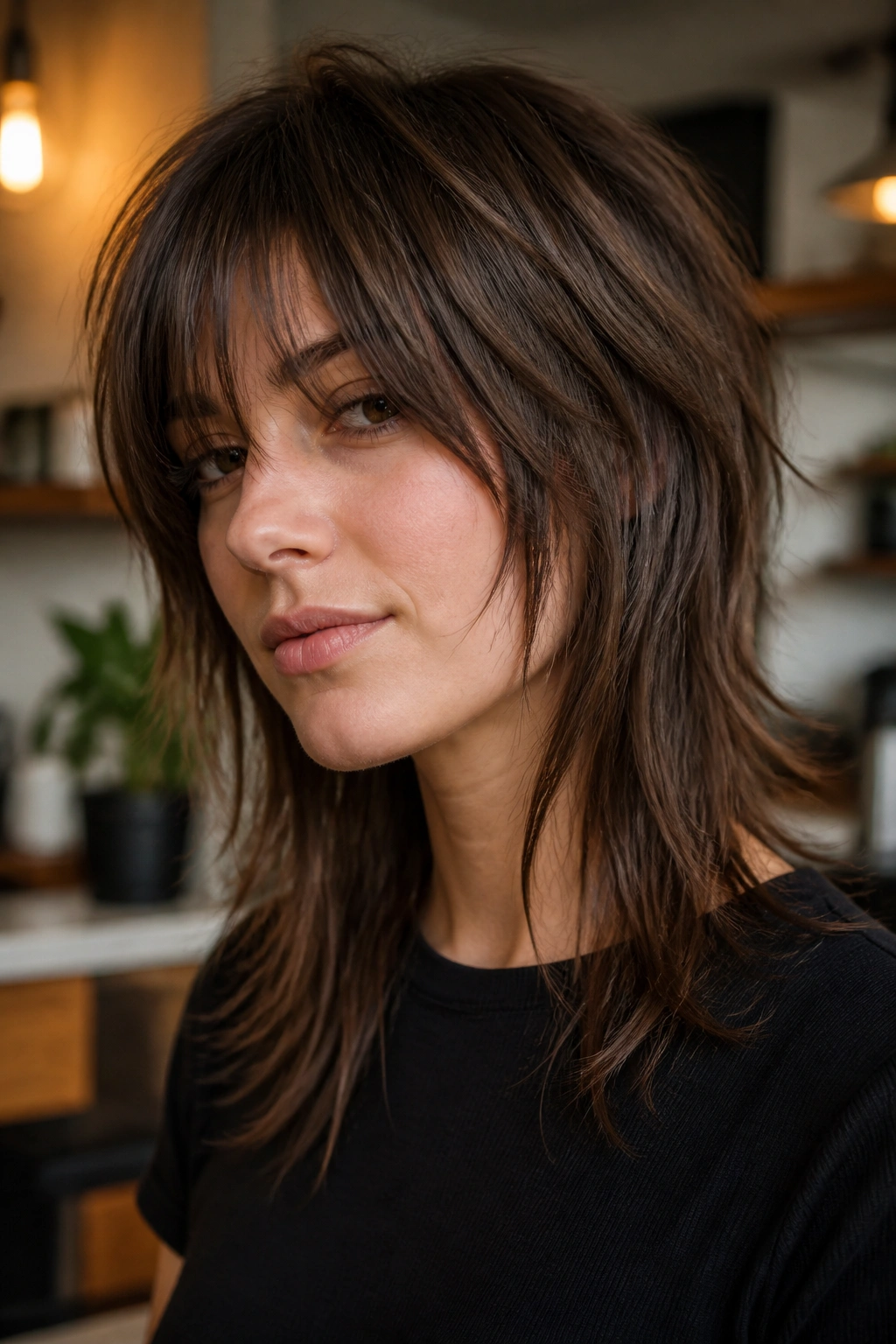 Close-up of a real person with straight hair showing razor-cut shag edges and long bangs.