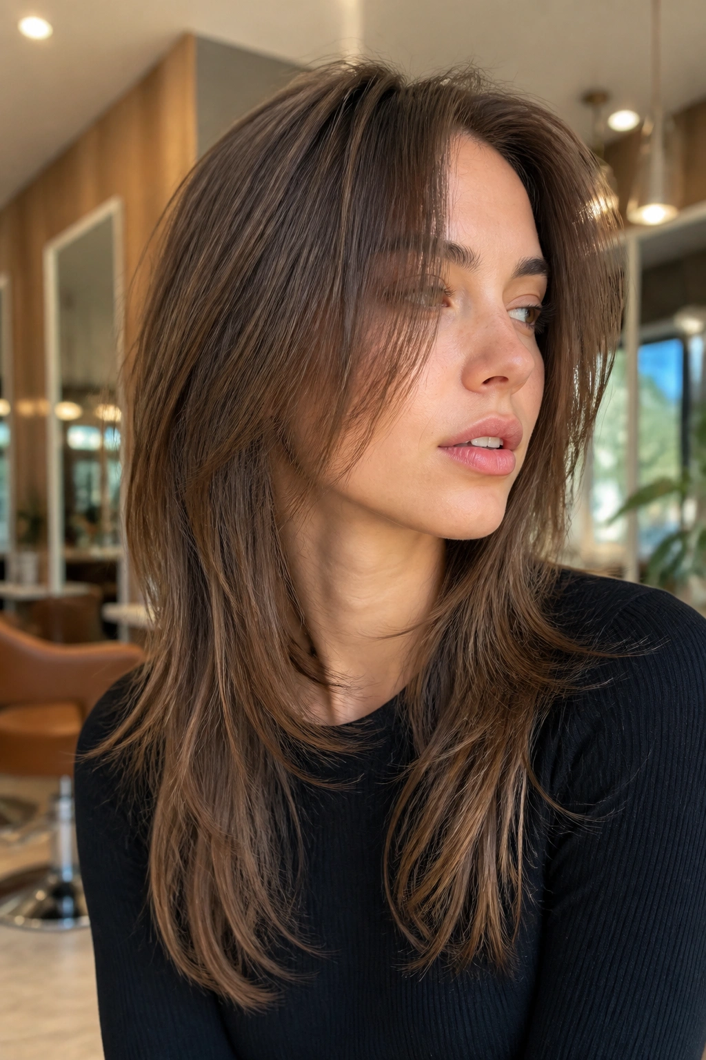 Close-up of a real woman with razor-cut long shag for straight hair