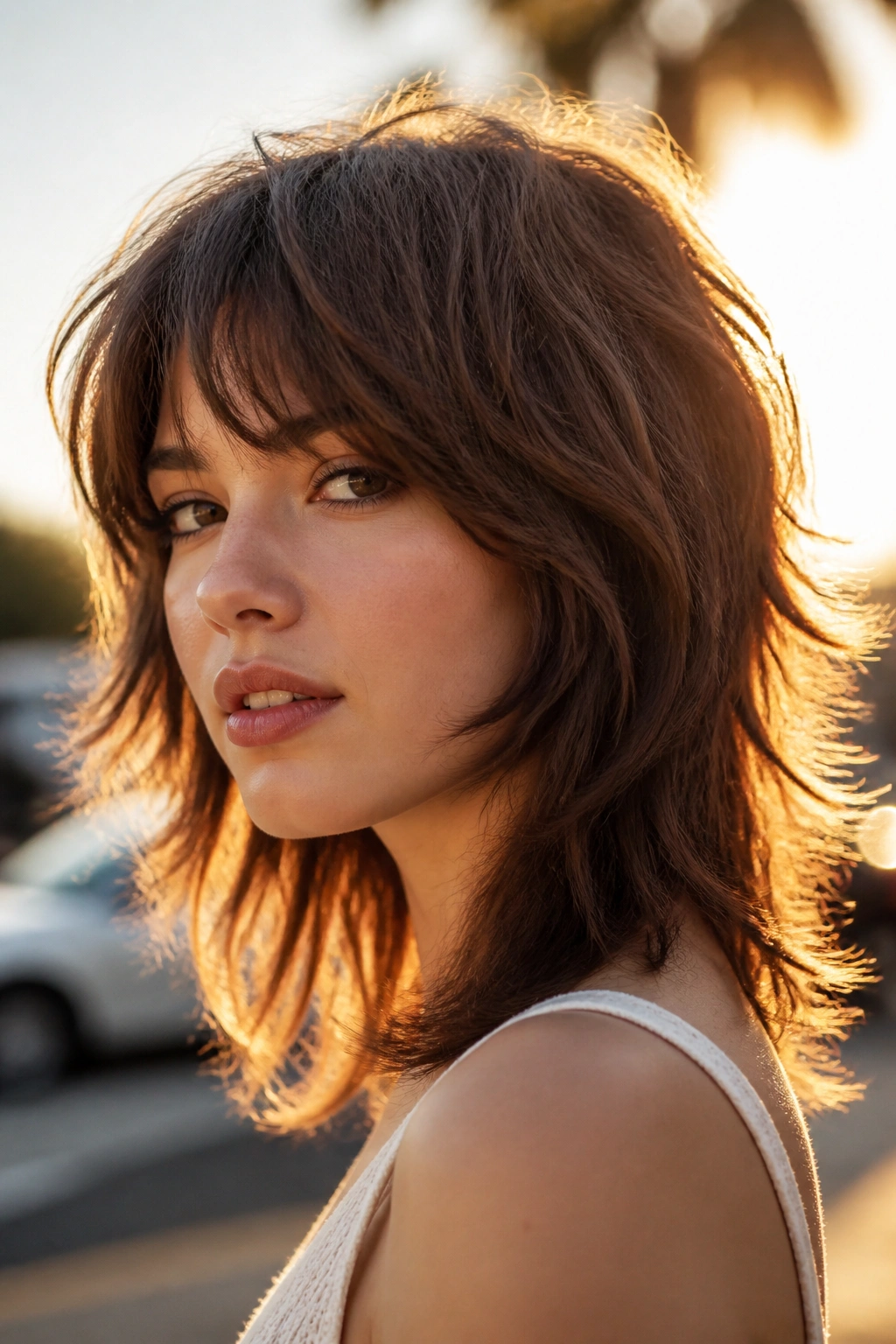Close-up of a real woman with a razor-cut shag showing wispy ends in golden hour light.