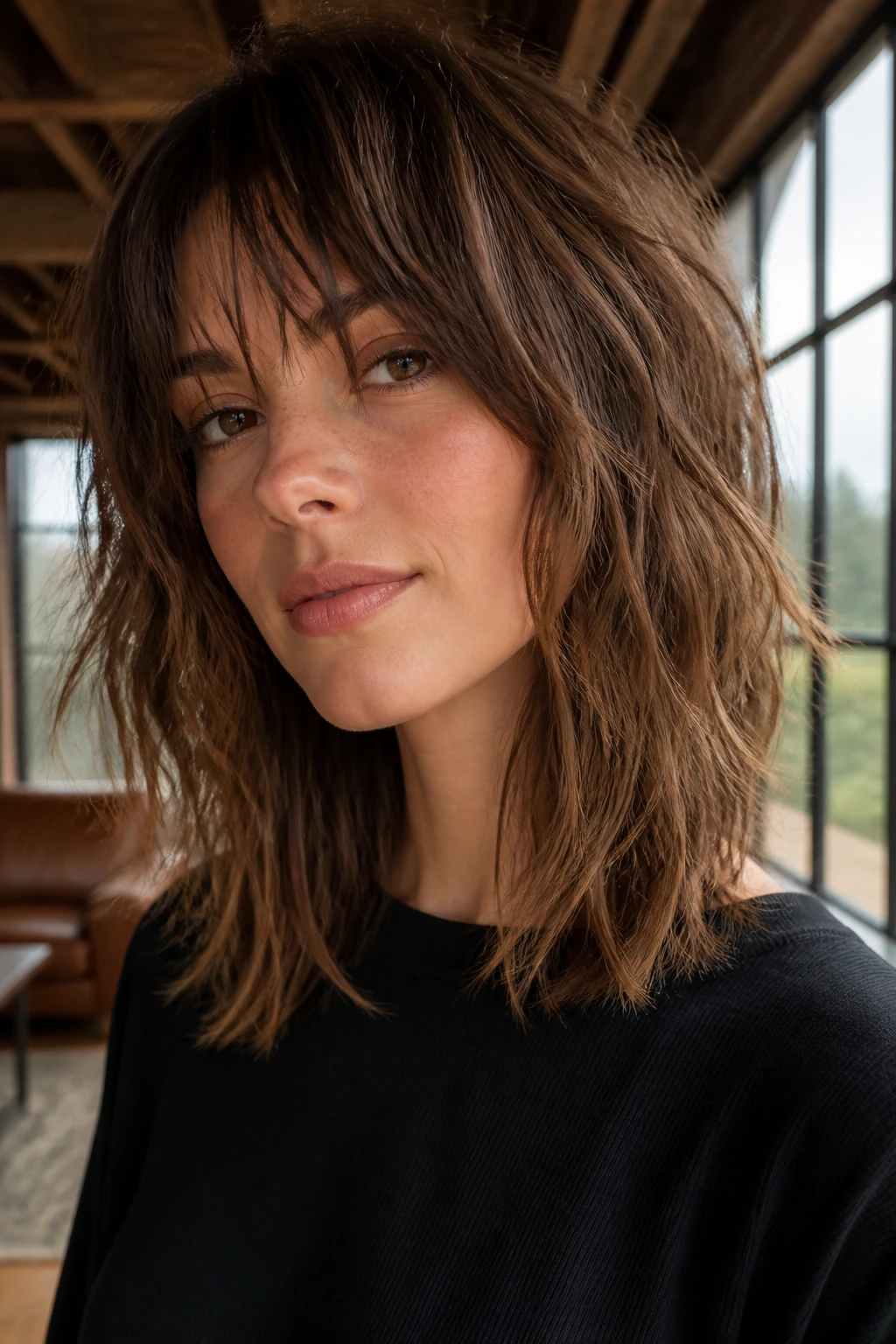 Close-up portrait of a woman with razor-cut shag texture.