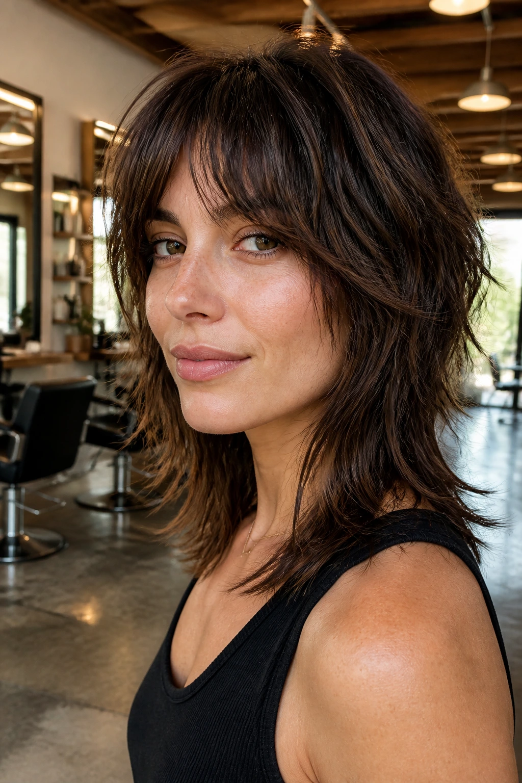 Portrait of a woman with razor-cut shag hairstyle and feathered texture