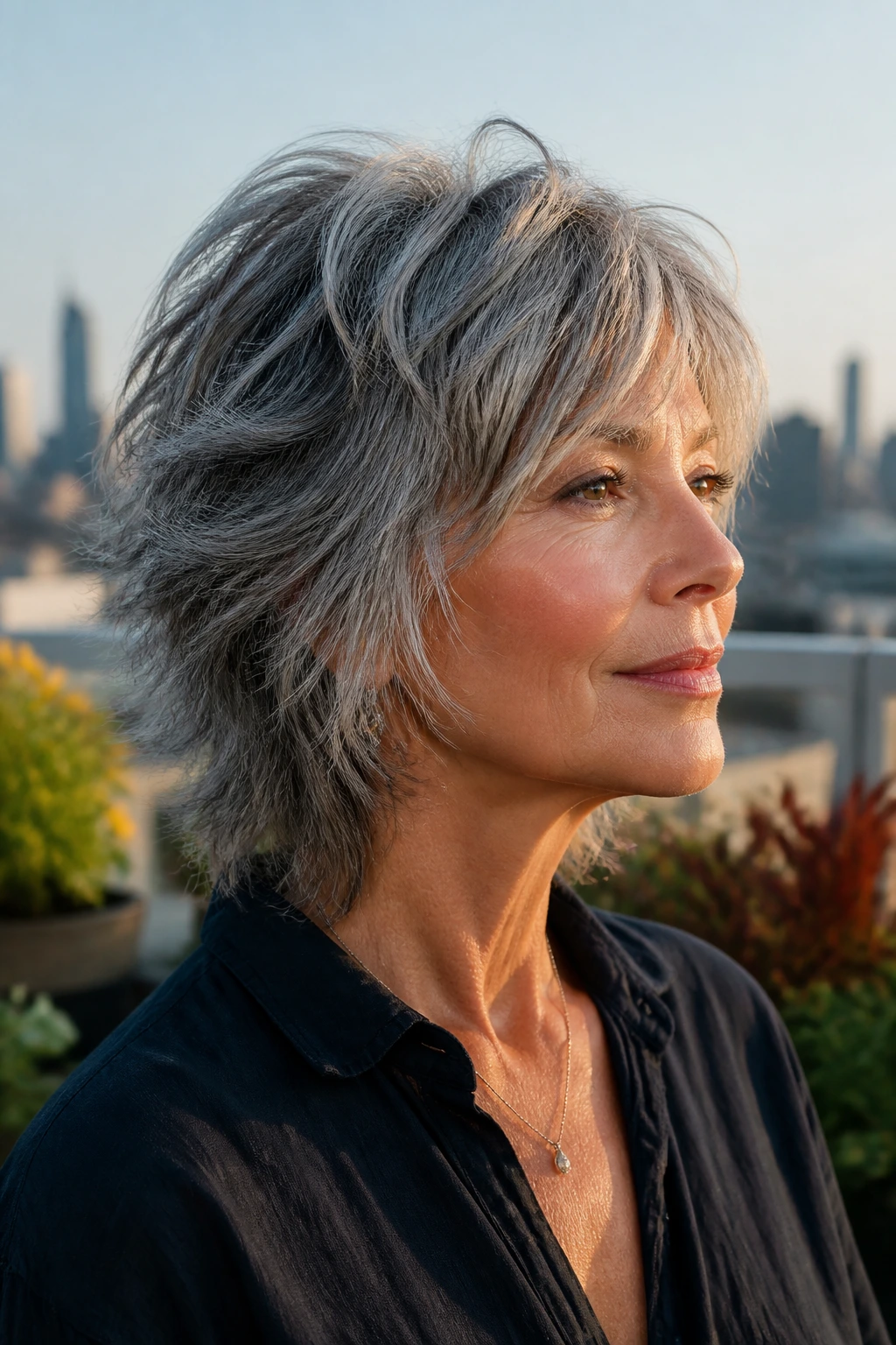 Close-up portrait of an older woman with a razor-cut shag hairstyle outdoors