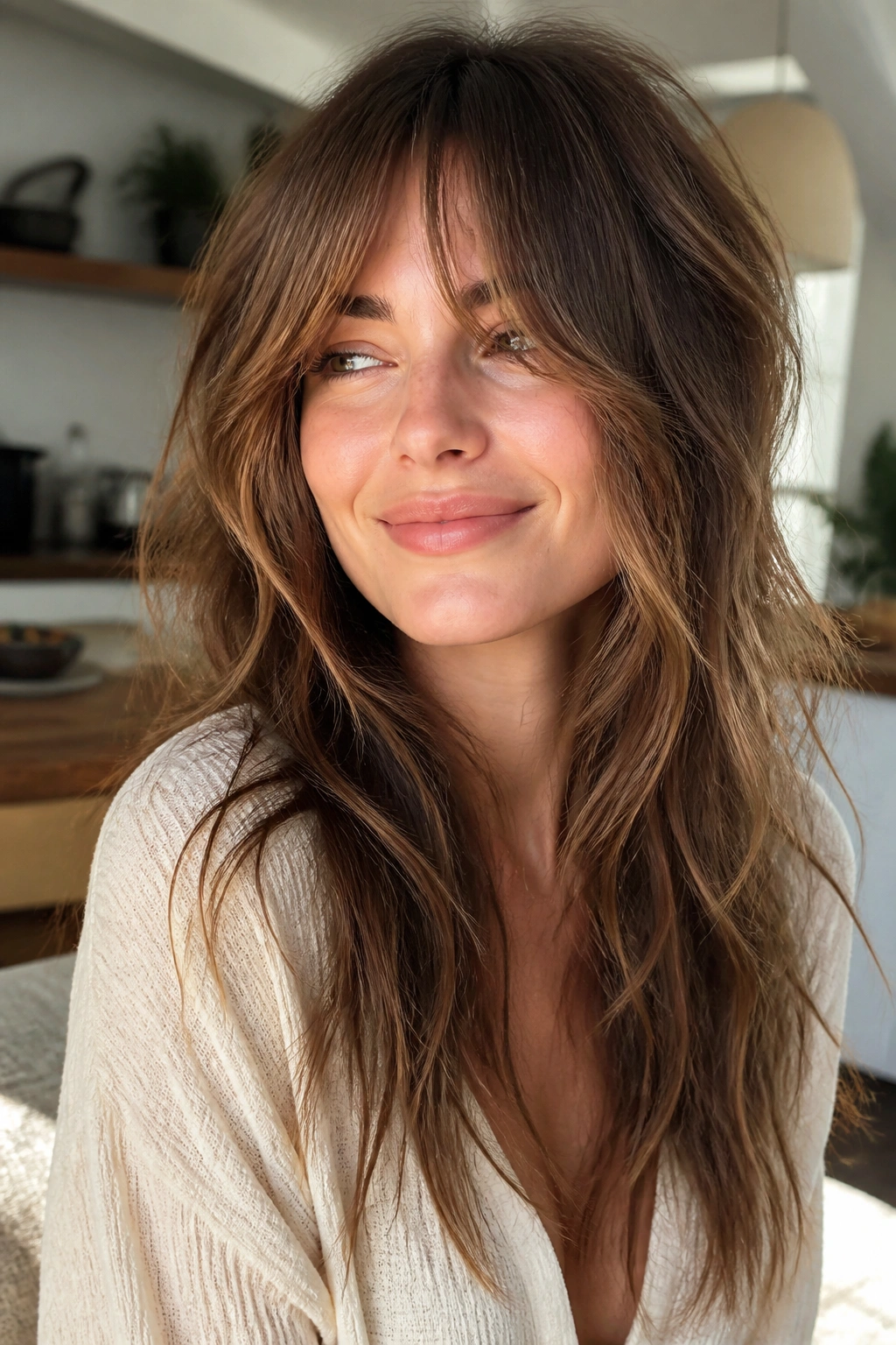 Close-up of a real woman with razor-cut shag, textured ends and volume.