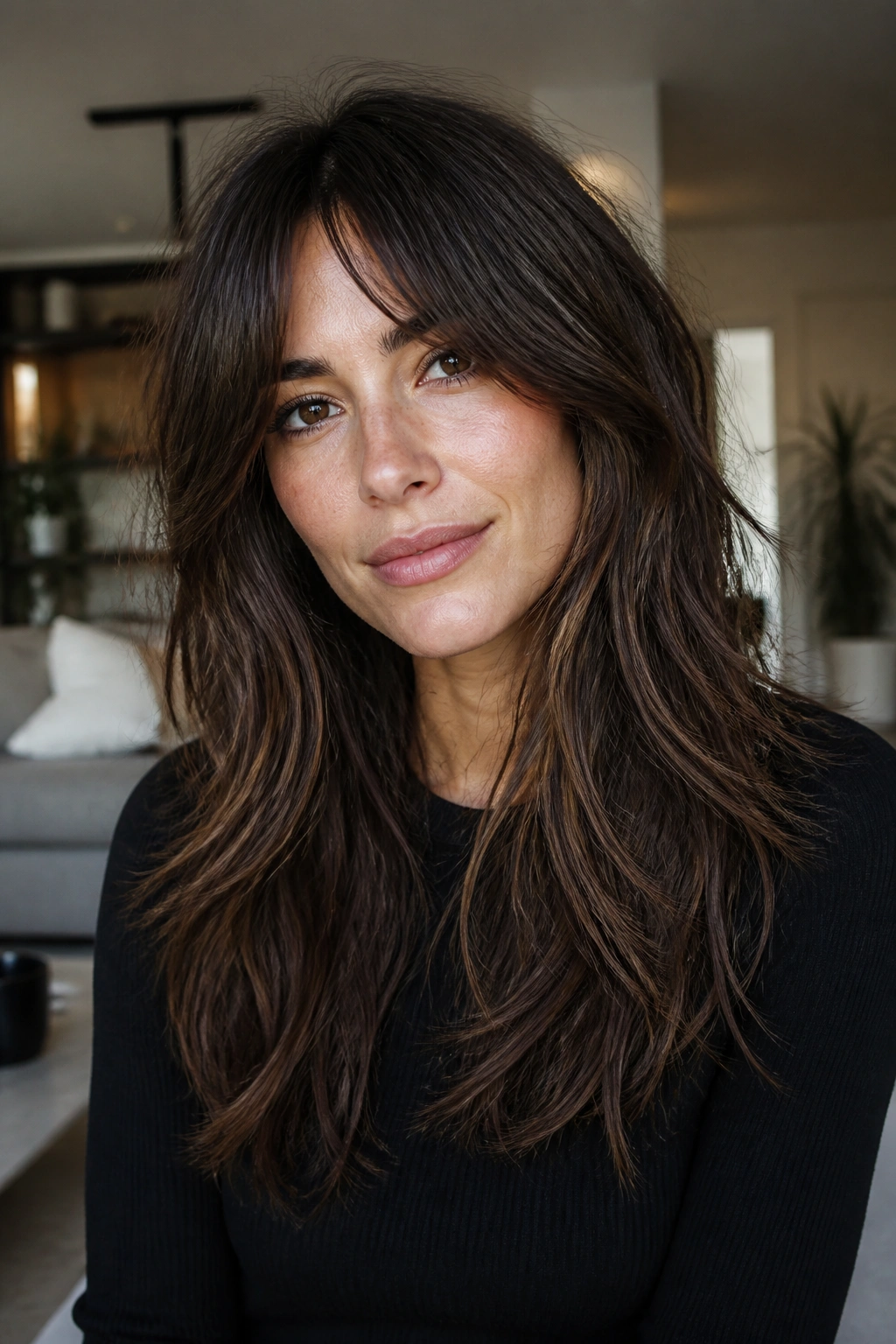 Portrait of thick-haired person with razor-cut shag showing lighter ends and texture