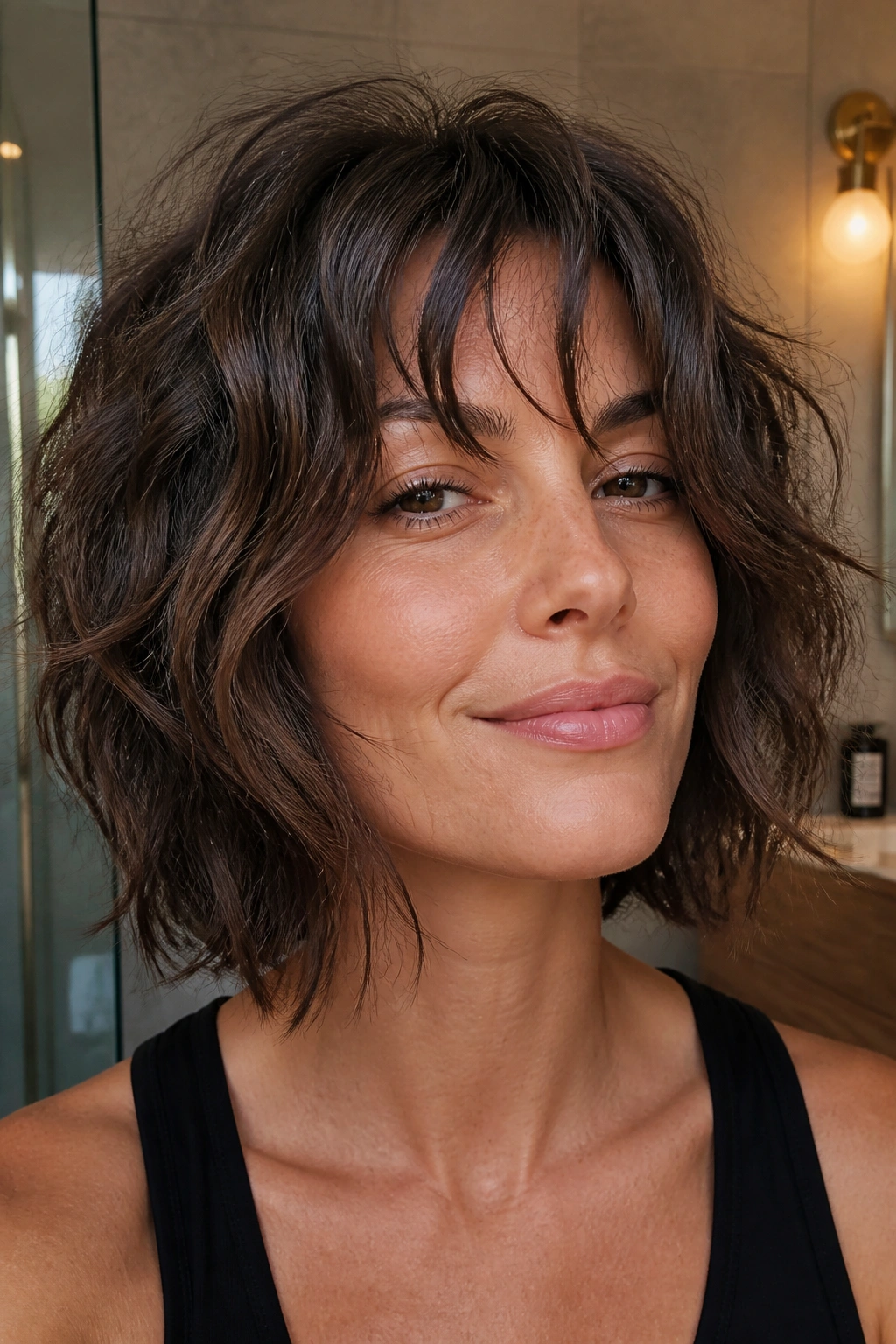 Real woman with razor-cut shaggy bob and choppy ends in warm bathroom lighting