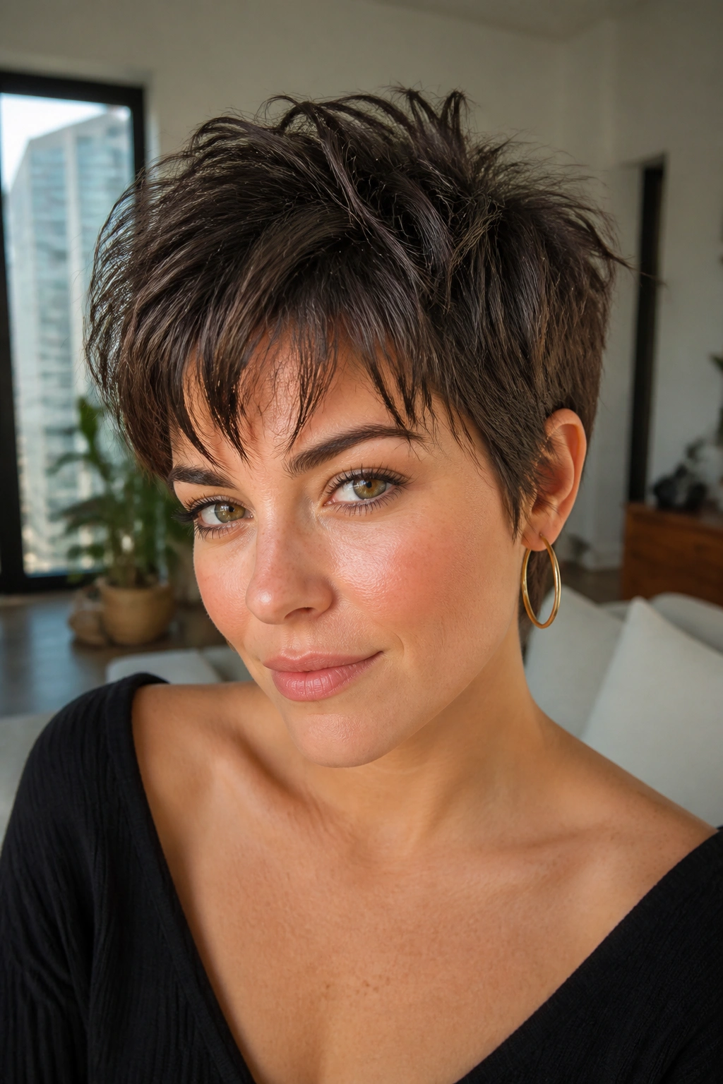 Real woman with razor-cut shaggy pixie hairstyle in a bright apartment.