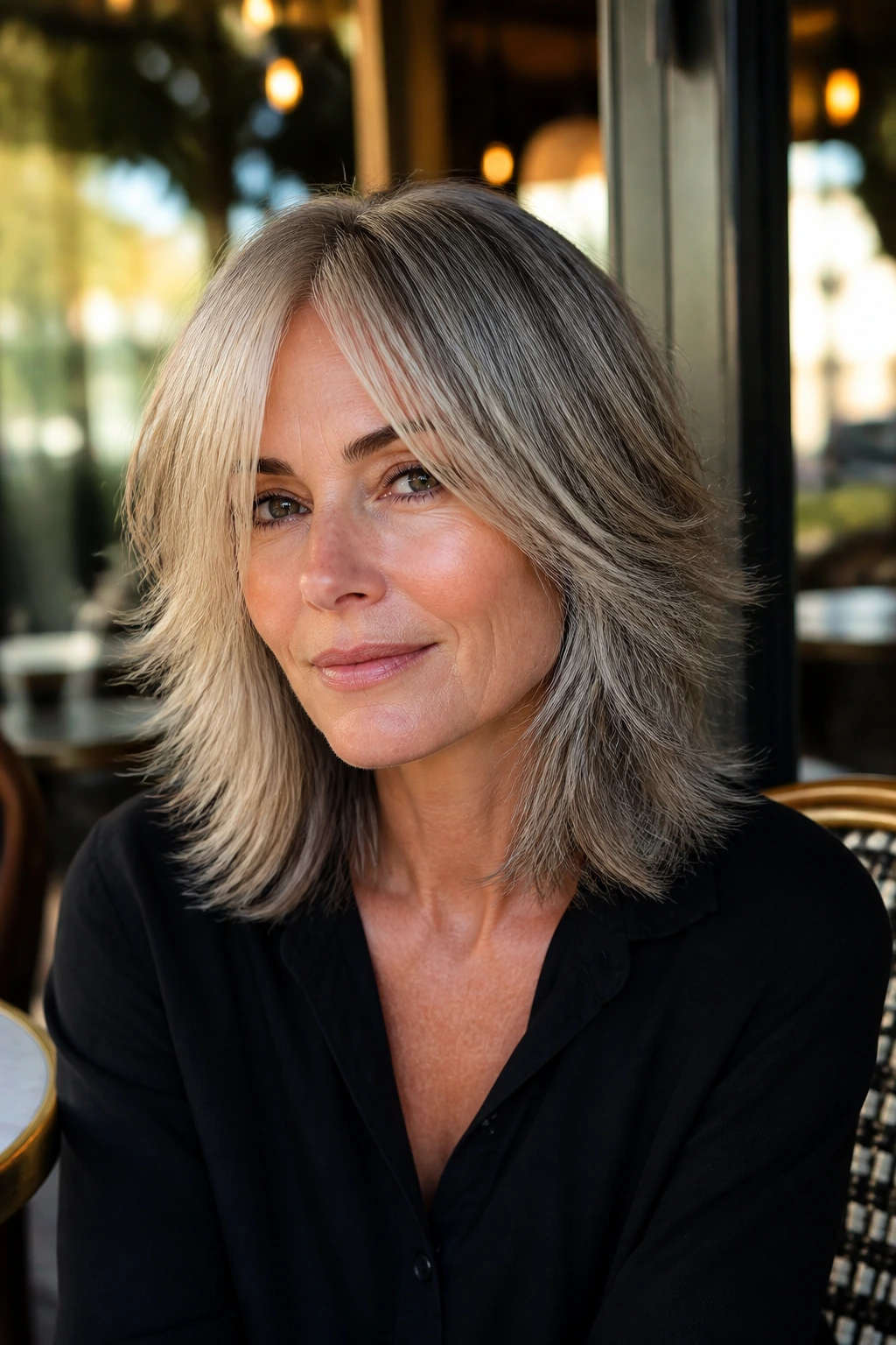 Close-up portrait of a woman with razor-cut shoulder-length layers in golden hour light