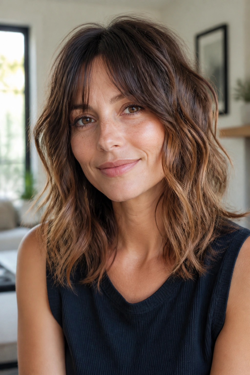 Close-up of a real woman with razor-cut shoulder shag and wavy texture