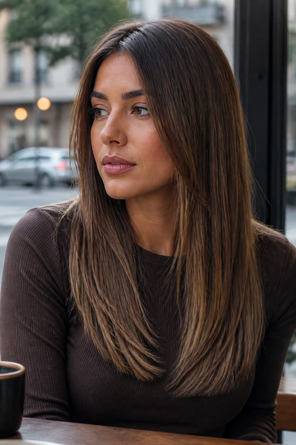 Portrait of a real woman with razor-cut ends on straight hair in a cafe setting.