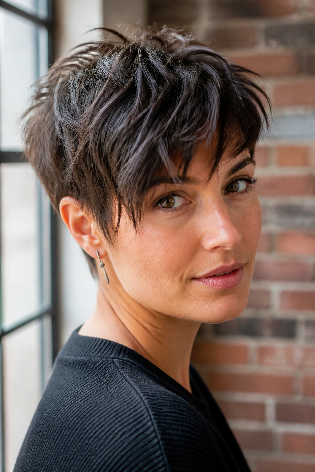 Close-up of a real woman showing razor-cut texture and piecey ends in a long pixie