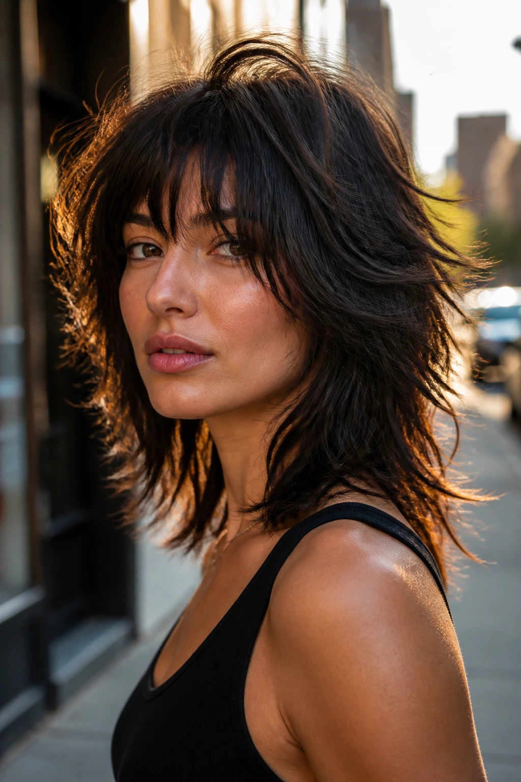 Close-up portrait of a real person with thick choppy razor layers
