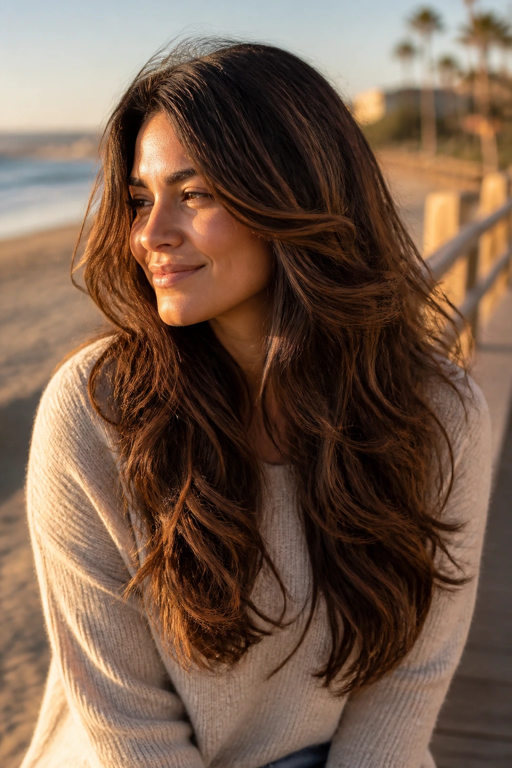 Portrait of a real woman with razored waterfall layers in wavy thick hair