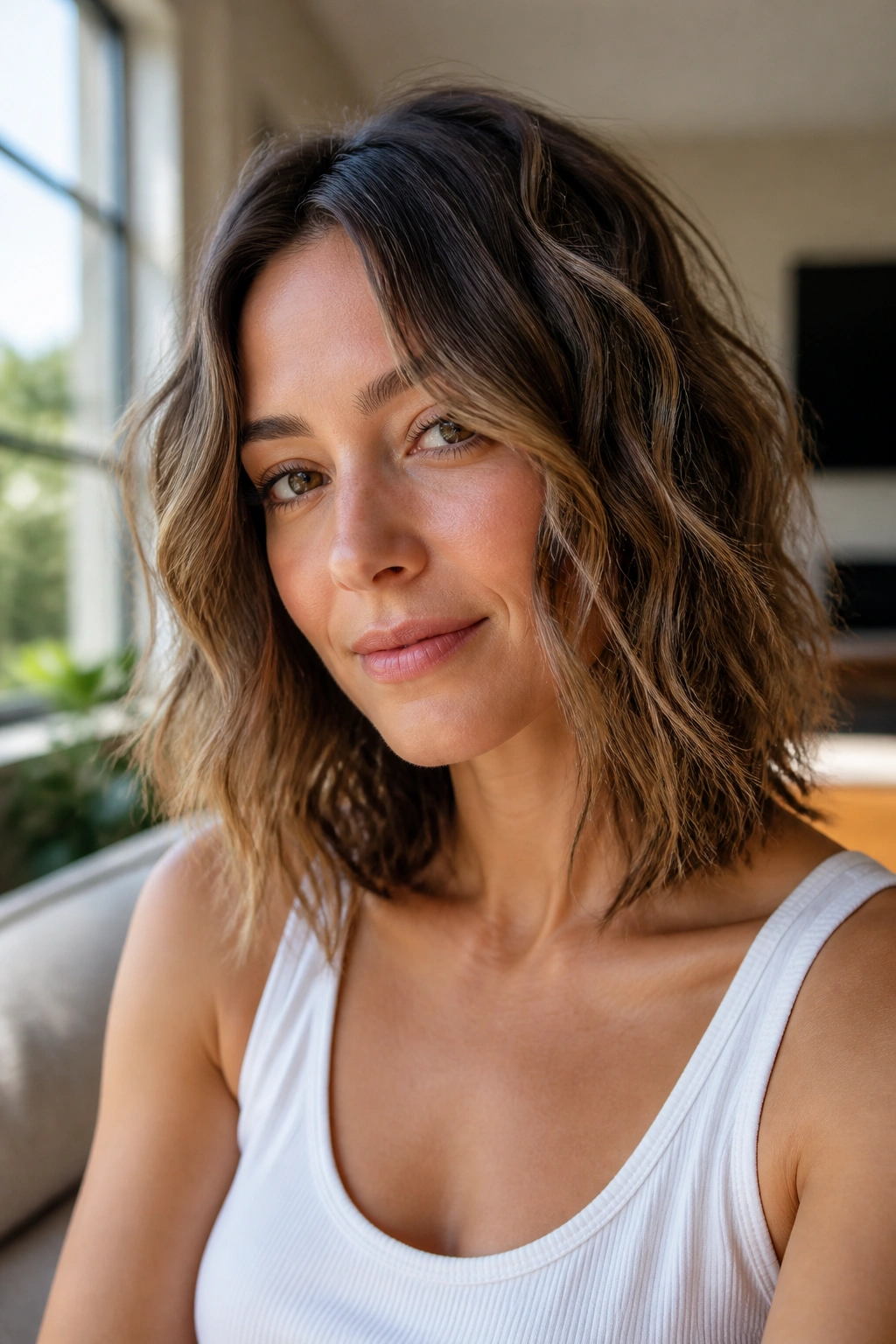 Close-up of a woman with razor-cut waves and piecey ends