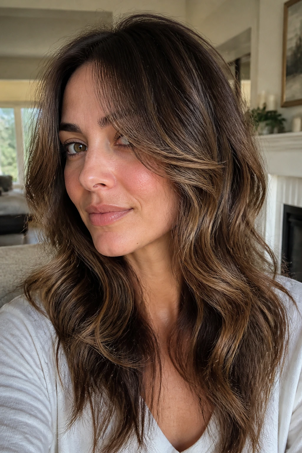 Close-up portrait of a woman with razor-cut face framing wavy hair