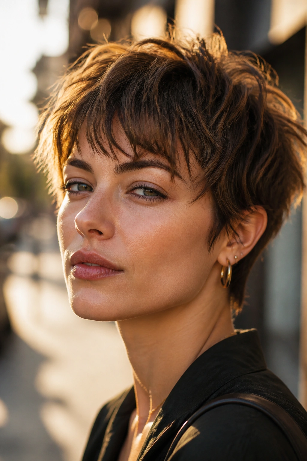 Portrait of a person with wispy razor-cut bangs on a messy crop in golden hour light