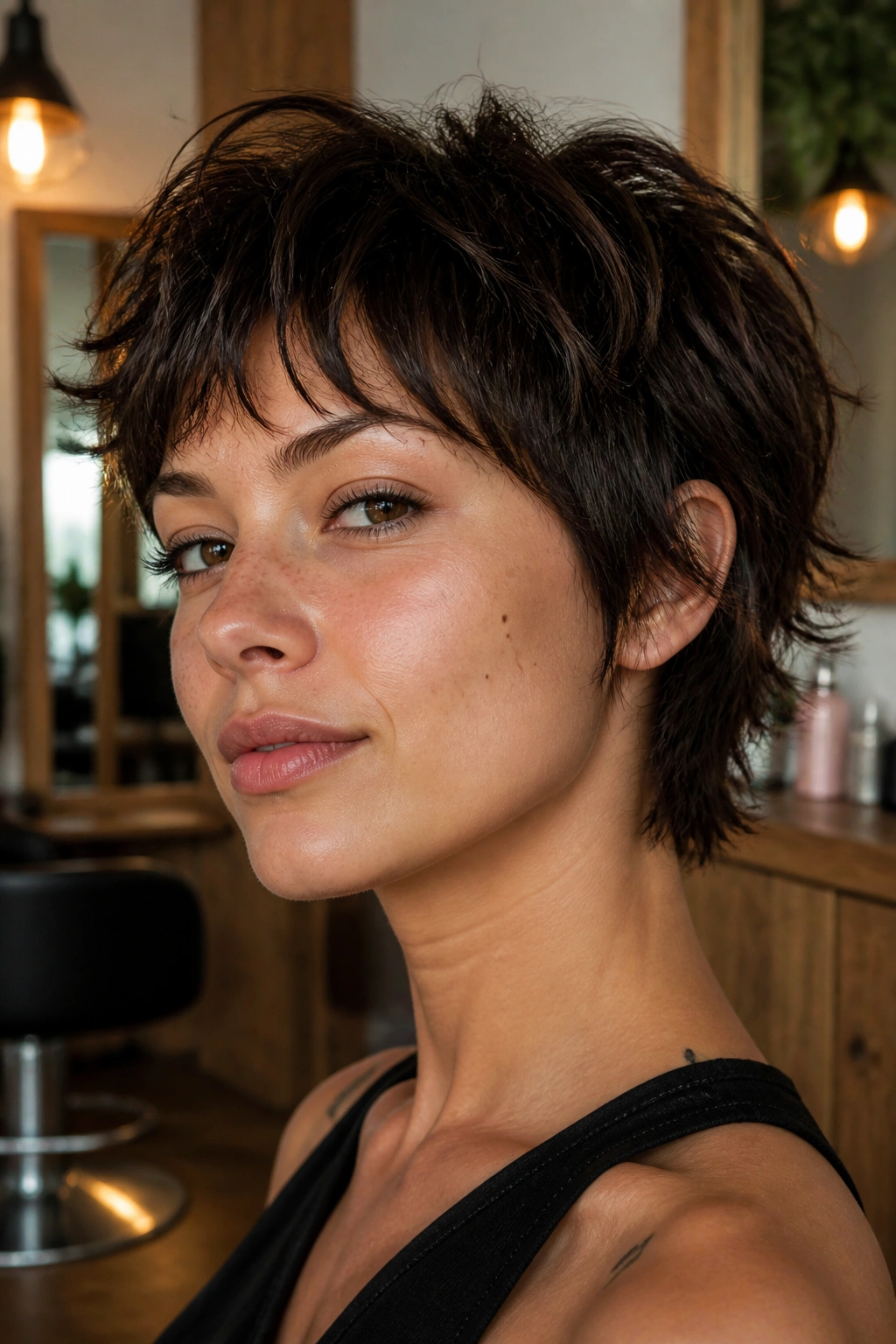 Real person with razor-cut wolf crop showing piecey ends and crown texture.