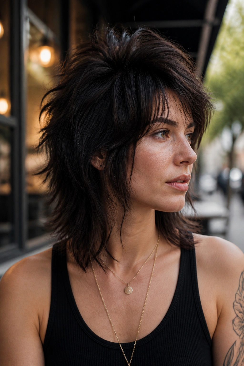 Real woman with razor-cut wolf cut showing crown lift in natural light