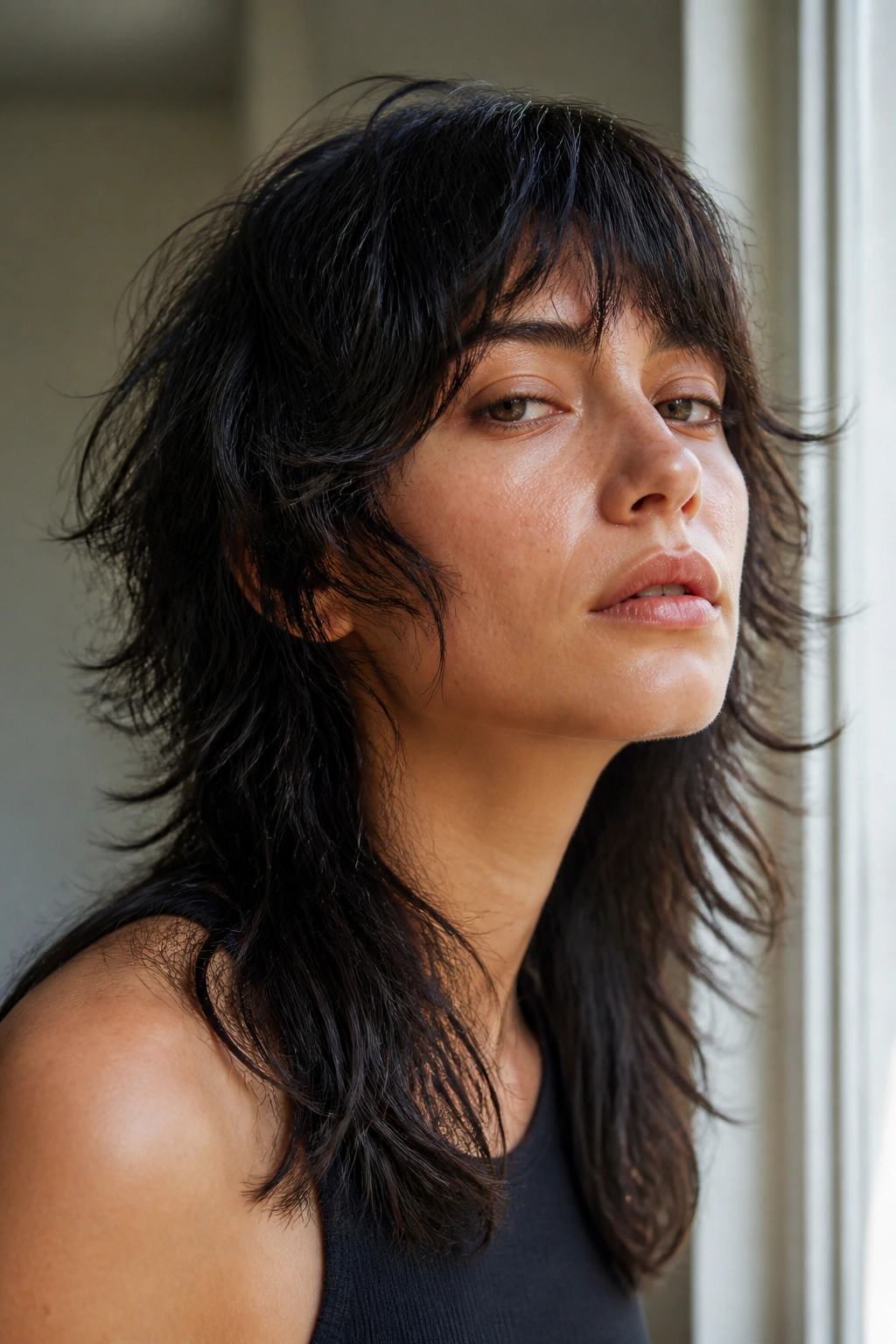 Close-up of a real woman with a razor-cut wolf cut on coarse hair