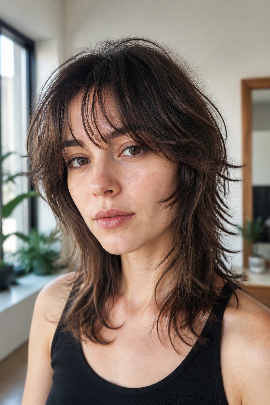 Close-up real person with razor-cut wolf cut for fine hair
