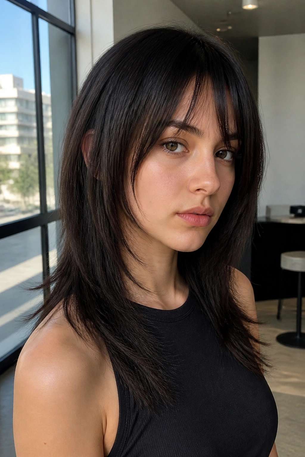 Close-up portrait of a real woman with a razor-cut wolf cut on pin-straight hair.