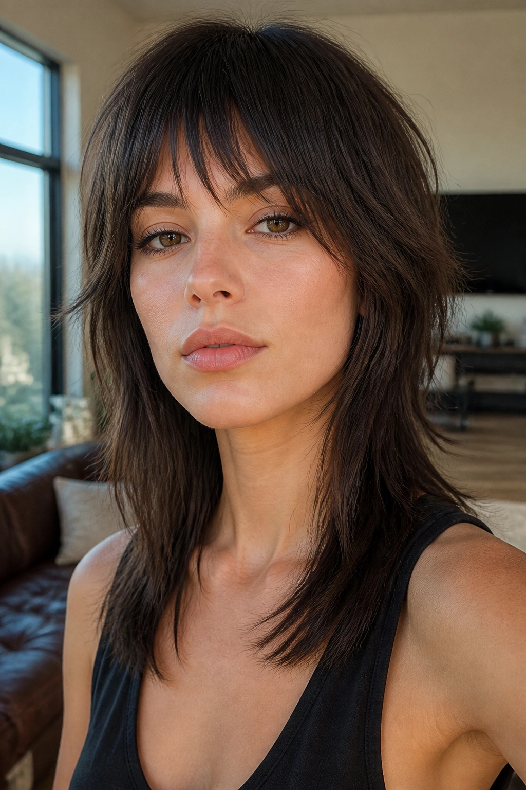 Close-up of a real person with razor-cut wolf cut on straight hair by window light
